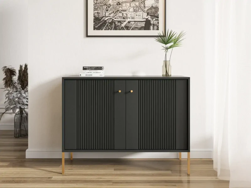 Komoda Iseo 105 cm dwudrzwiowa z frezowanymi frontami czarny/złote nogi
