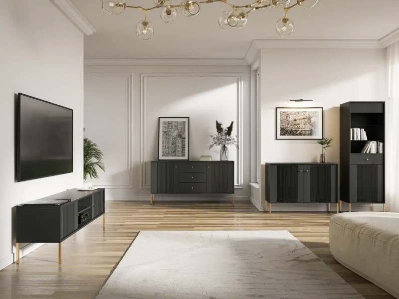 Komoda Iseo 105 cm dwudrzwiowa z frezowanymi frontami czarny/złote nogi