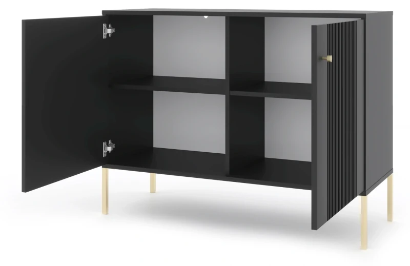 Komoda Iseo 105 cm dwudrzwiowa z frezowanymi frontami czarny/złote nogi