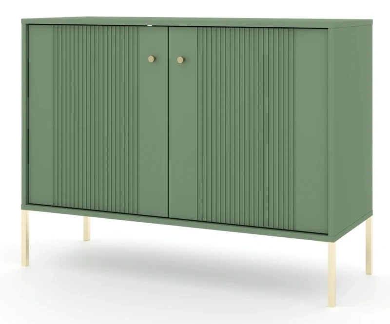 Komoda Iseo 105 cm dwudrzwiowa z frezowanymi frontami smoke green/złote nogi