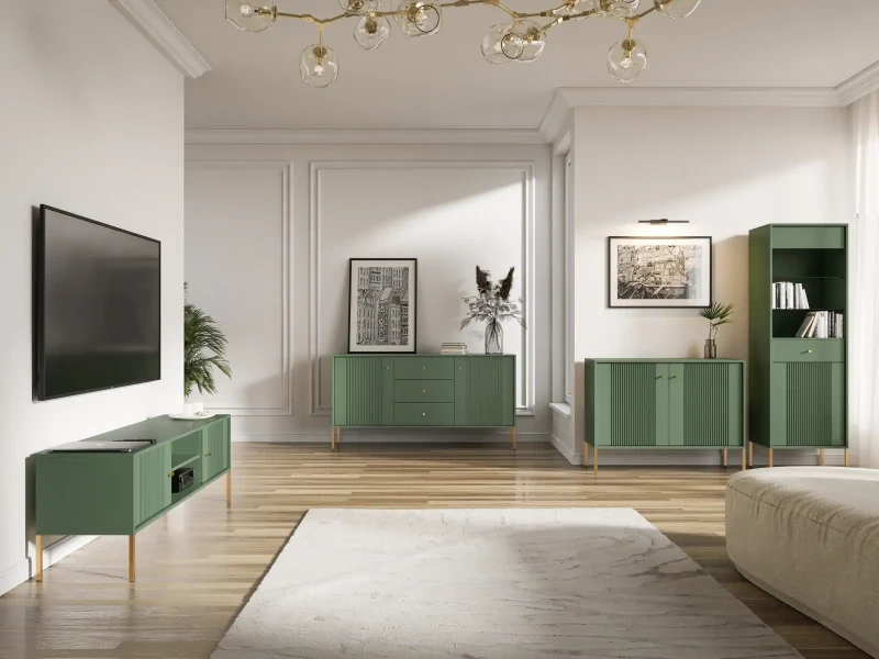 Komoda Iseo 105 cm dwudrzwiowa z frezowanymi frontami smoke green/złote nogi