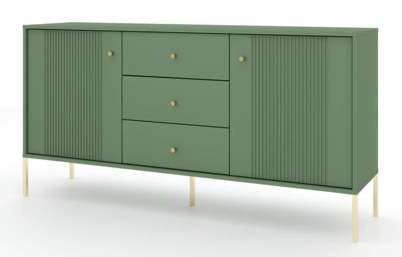Komoda Iseo 155 cm dwudrzwiowa z 3 szufladami smoke green/złote nogi