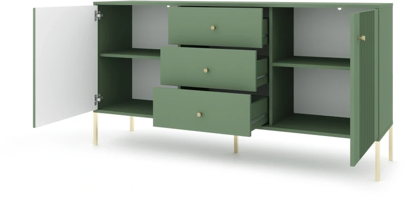 Komoda Iseo 155 cm dwudrzwiowa z 3 szufladami smoke green/złote nogi