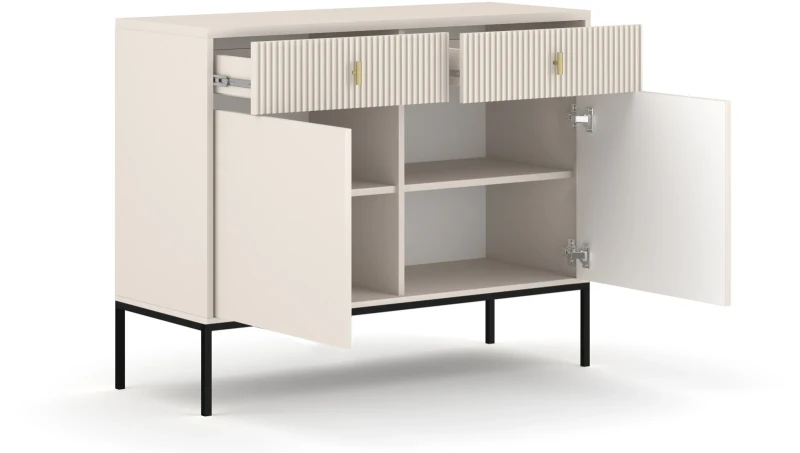 Komoda Maggiore 104 cm dwudrzwiowa z szufladami kaszmir/nogi czarne/uchwyty złote