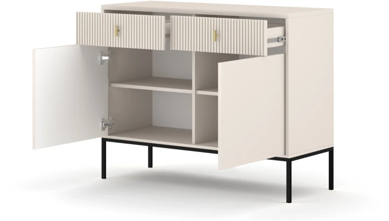 Komoda Maggiore 104 cm dwudrzwiowa z szufladami kaszmir/nogi czarne/uchwyty złote