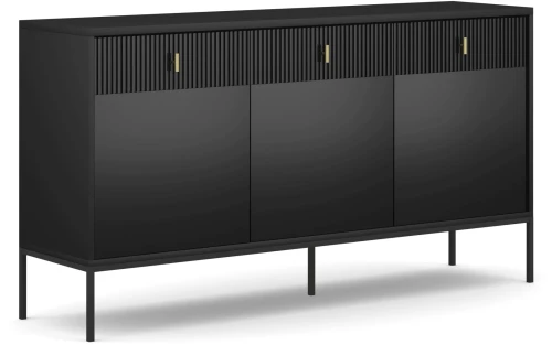 Komoda Maggiore 155 cm trzydrzwiowa z szufladami czarna/nogi czarne/uchwyty złote