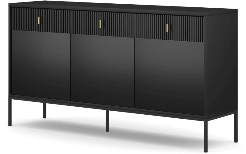 Komoda Maggiore 155 cm trzydrzwiowa z szufladami czarna/nogi czarne/uchwyty złote