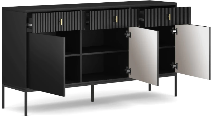 Komoda Maggiore 155 cm trzydrzwiowa z szufladami czarna/nogi czarne/uchwyty złote