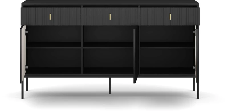 Komoda Maggiore 155 cm trzydrzwiowa z szufladami czarna/nogi czarne/uchwyty złote