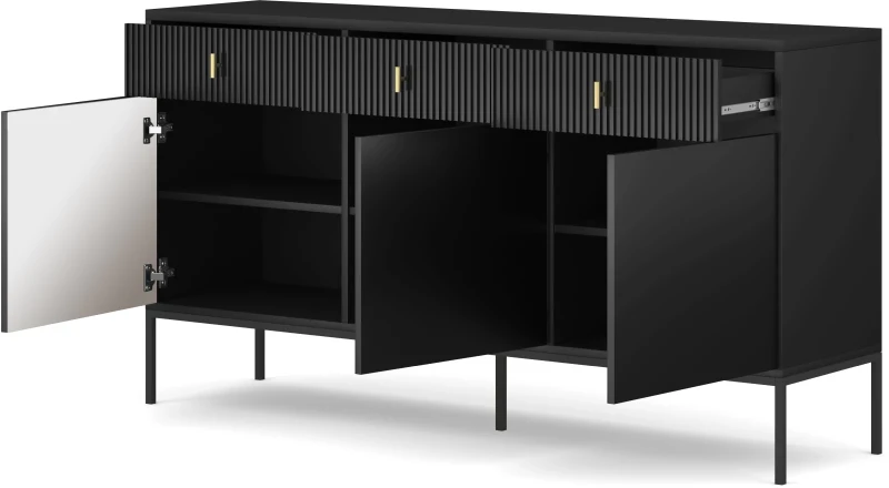 Komoda Maggiore 155 cm trzydrzwiowa z szufladami czarna/nogi czarne/uchwyty złote