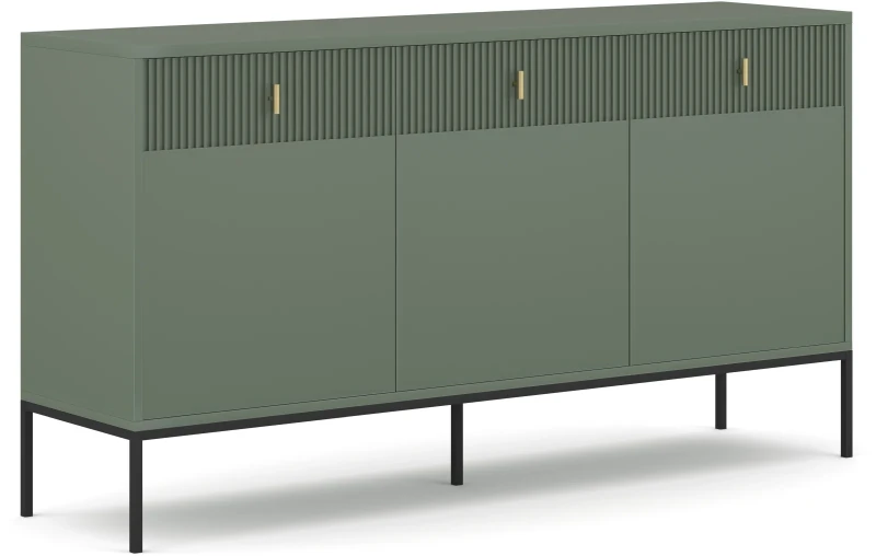 Komoda Maggiore 155 cm trzydrzwiowa z szufladami zielona/nogi czarne/uchwyty złote