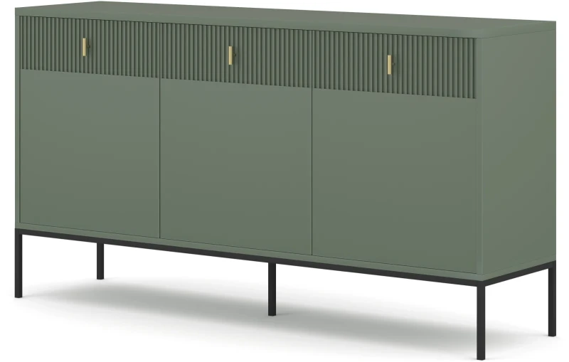 Komoda Maggiore 155 cm trzydrzwiowa z szufladami zielona/nogi czarne/uchwyty złote