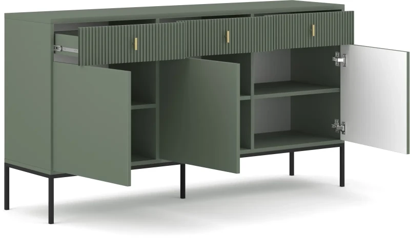 Komoda Maggiore 155 cm trzydrzwiowa z szufladami zielona/nogi czarne/uchwyty złote