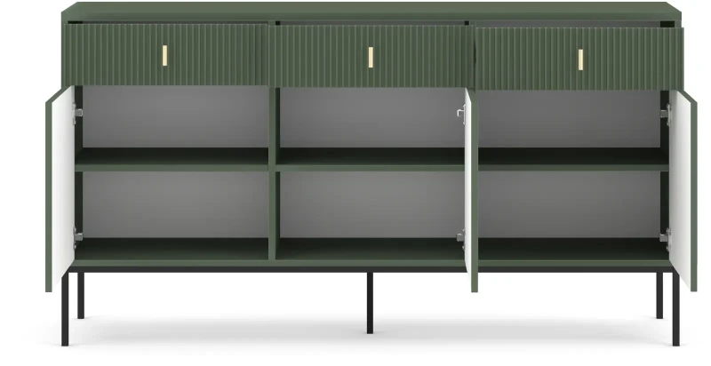 Komoda Maggiore 155 cm trzydrzwiowa z szufladami zielona/nogi czarne/uchwyty złote
