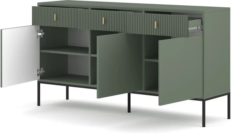 Komoda Maggiore 155 cm trzydrzwiowa z szufladami zielona/nogi czarne/uchwyty złote