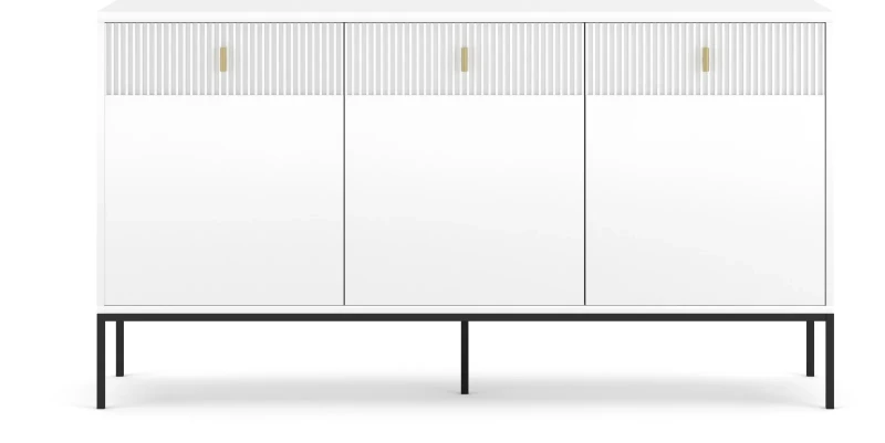 Komoda Maggiore 155 cm trzydrzwiowa z szufladami biała/nogi czarne/uchwyty złote