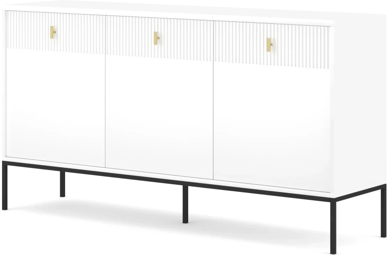 Komoda Maggiore 155 cm trzydrzwiowa z szufladami biała/nogi czarne/uchwyty złote