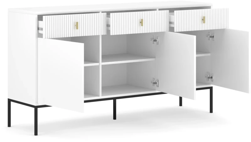Komoda Maggiore 155 cm trzydrzwiowa z szufladami biała/nogi czarne/uchwyty złote