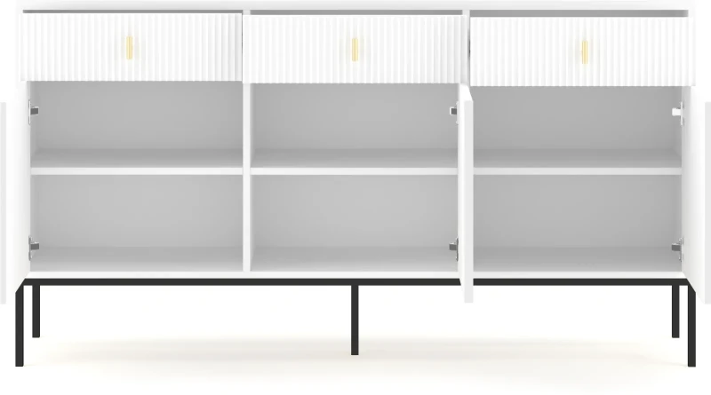Komoda Maggiore 155 cm trzydrzwiowa z szufladami biała/nogi czarne/uchwyty złote