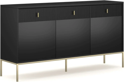 Komoda Maggiore 155 cm trzydrzwiowa z szufladami czarna/nogi złote/uchwyty złote