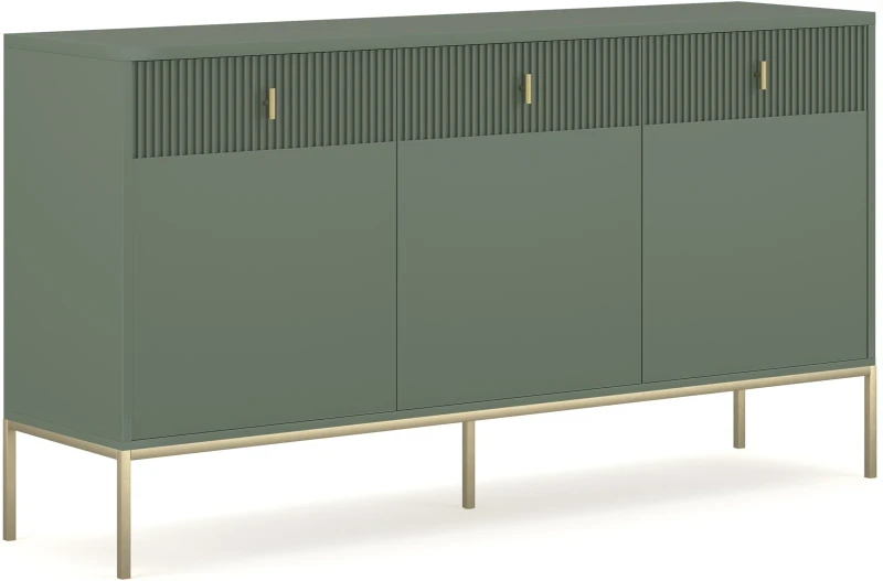 Komoda Maggiore 155 cm trzydrzwiowa z szufladami zielona/nogi złote/uchwyty złote