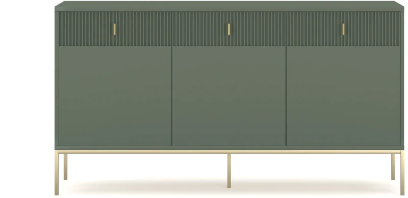 Komoda Maggiore 155 cm trzydrzwiowa z szufladami zielona/nogi złote/uchwyty złote