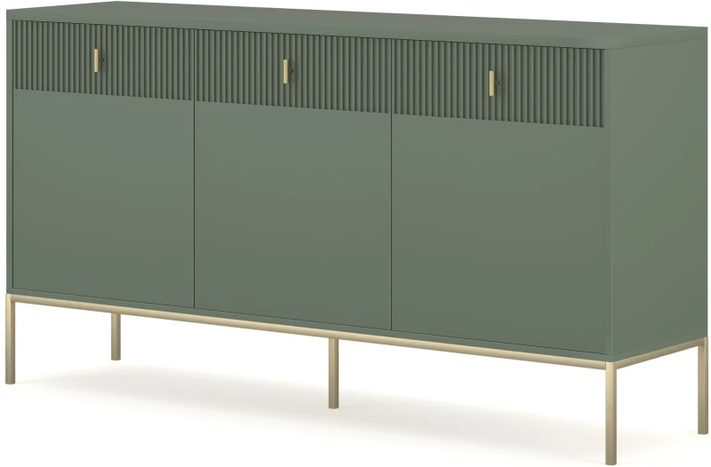 Komoda Maggiore 155 cm trzydrzwiowa z szufladami zielona/nogi złote/uchwyty złote