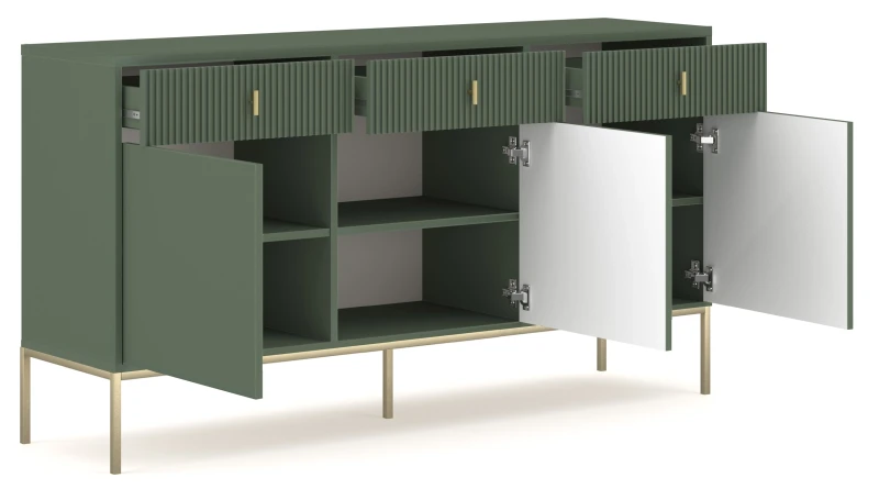 Komoda Maggiore 155 cm trzydrzwiowa z szufladami zielona/nogi złote/uchwyty złote
