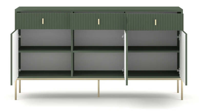 Komoda Maggiore 155 cm trzydrzwiowa z szufladami zielona/nogi złote/uchwyty złote