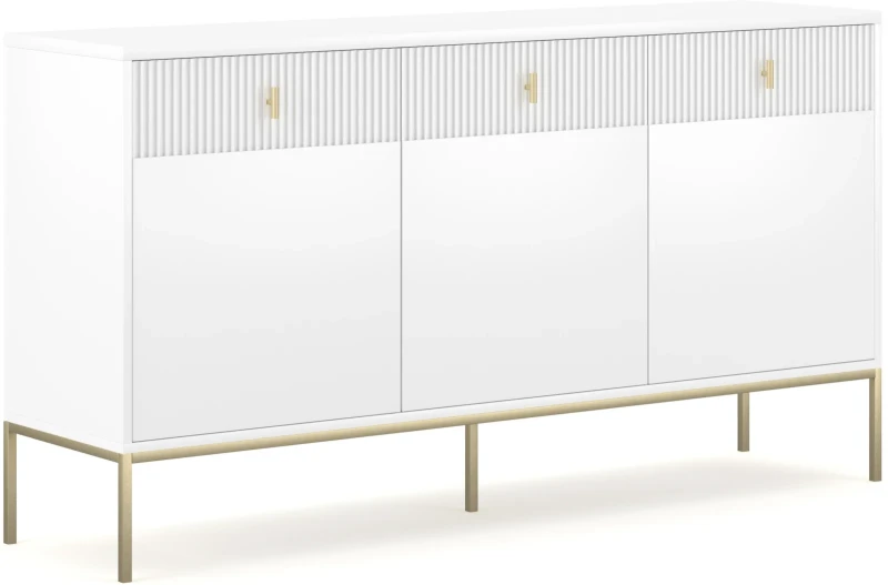 Komoda Maggiore 155 cm trzydrzwiowa z szufladami biała/nogi złote/uchwyty złote