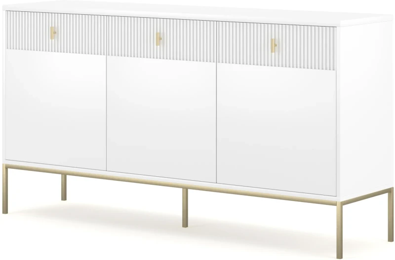 Komoda Maggiore 155 cm trzydrzwiowa z szufladami biała/nogi złote/uchwyty złote