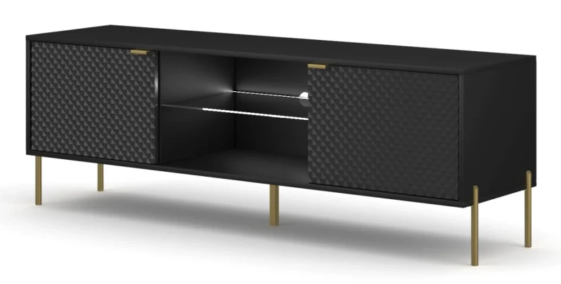 Szafka RTV Diamond 162 cm z oświetleniem LED czarny połysk/złote elementy