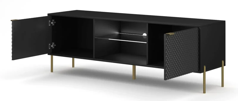 Szafka RTV Diamond 162 cm z oświetleniem LED czarny połysk/złote elementy
