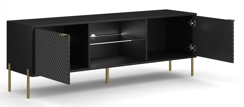 Szafka RTV Diamond 162 cm z oświetleniem LED czarny połysk/złote elementy