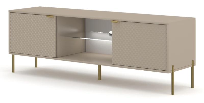 Szafka RTV Diamond 162 cm z oświetleniem LED kaszmir połysk/złote elementy