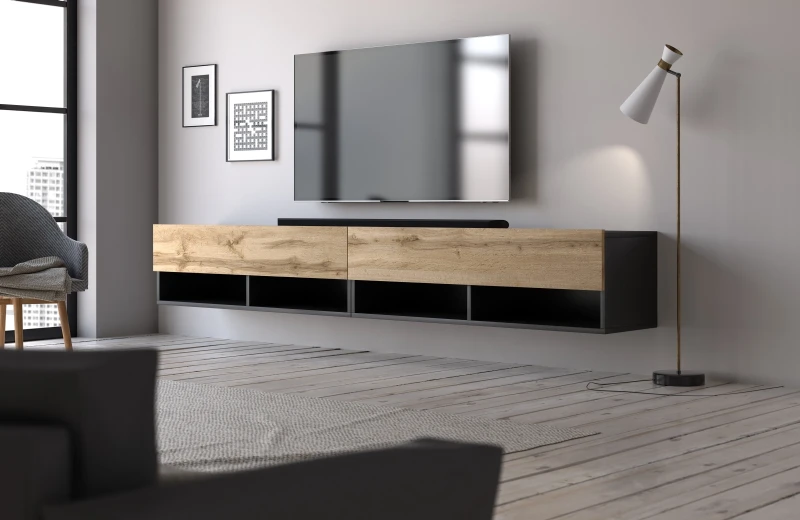 Szafka RTV Derby Double 200 cm wisząca opuszczane klapy czarny/dąb wotan