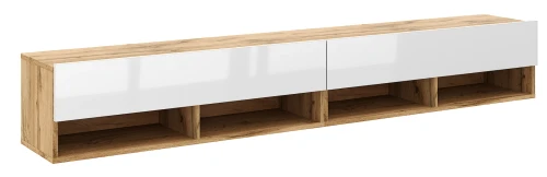 Szafka RTV Derby Double 200 cm wisząca opuszczane klapy dąb wotan/biały połysk