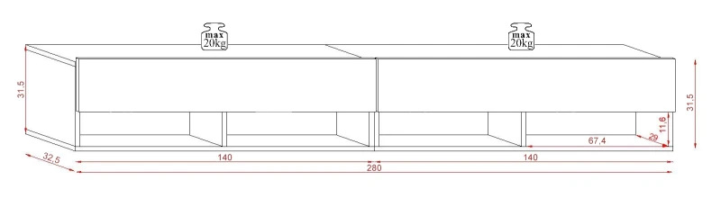 Szafka RTV Derby 280 cm wisząca z opuszczanymi klapami czarny/czarny połysk