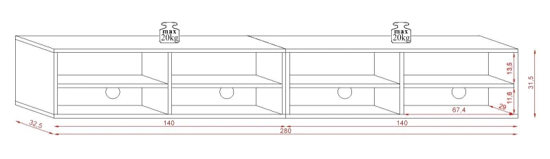 Szafka RTV Derby 280 cm wisząca z opuszczanymi klapami czarny/czarny połysk