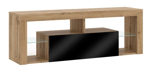 Szafka RTV Everest 140 cm ze szklanymi półkami dąb wotan/czarny połysk