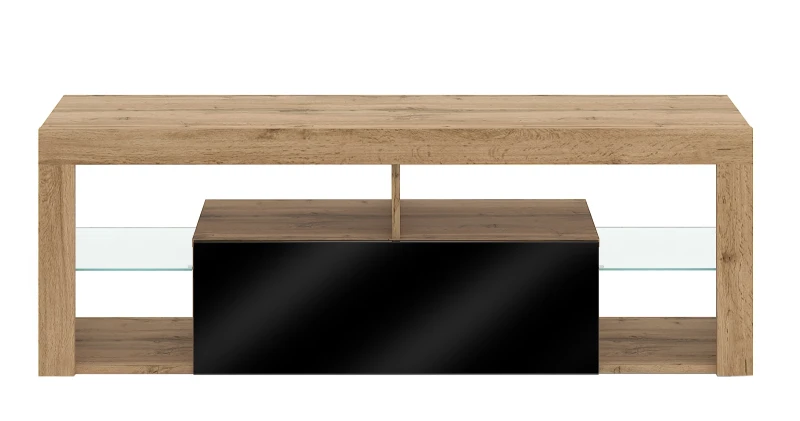 Szafka RTV Everest 140 cm ze szklanymi półkami dąb wotan/czarny połysk