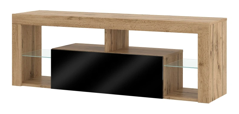 Szafka RTV Everest 140 cm ze szklanymi półkami dąb wotan/czarny połysk
