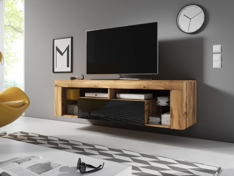 Szafka RTV Everest 140 cm ze szklanymi półkami dąb wotan/czarny połysk