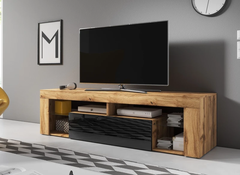 Szafka RTV Everest 140 cm ze szklanymi półkami dąb wotan/czarny połysk