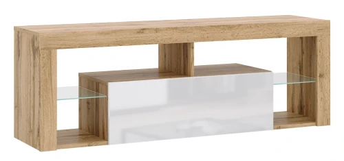 Szafka RTV Everest 140 cm ze szklanymi półkami dąb wotan/biały połysk