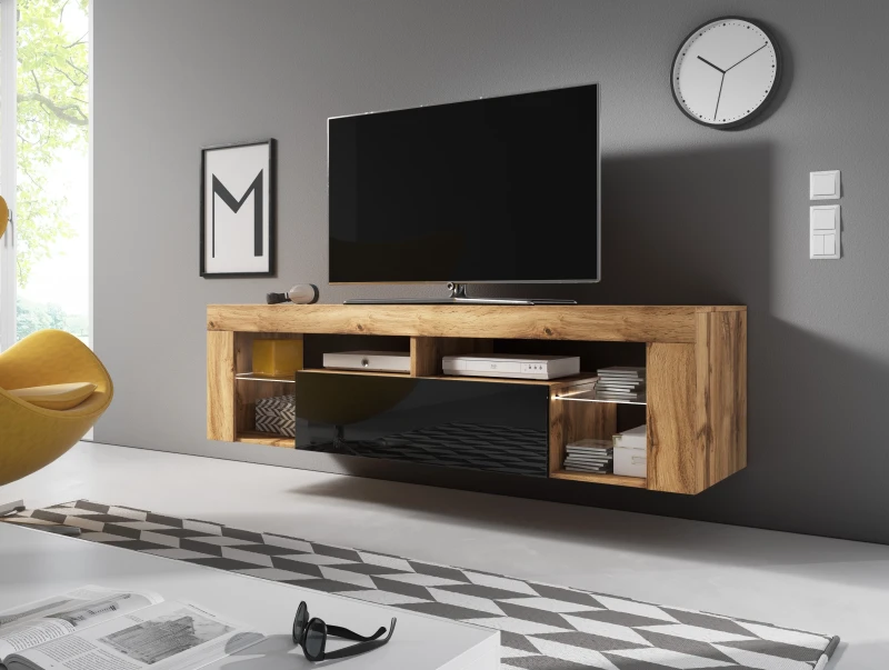 Szafka RTV Everest 140 cm z oświetleniem LED dąb wotan/czarny połysk