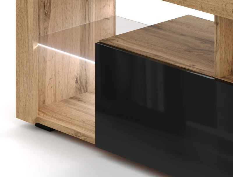 Szafka RTV Everest 140 cm z oświetleniem LED dąb wotan/czarny połysk