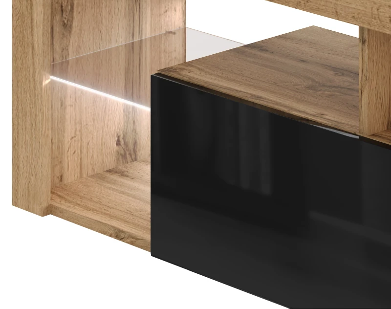 Szafka RTV Everest 140 cm z oświetleniem LED dąb wotan/czarny połysk