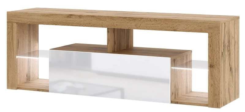 Szafka RTV Everest 140 cm z oświetleniem LED dąb wotan/biały połysk