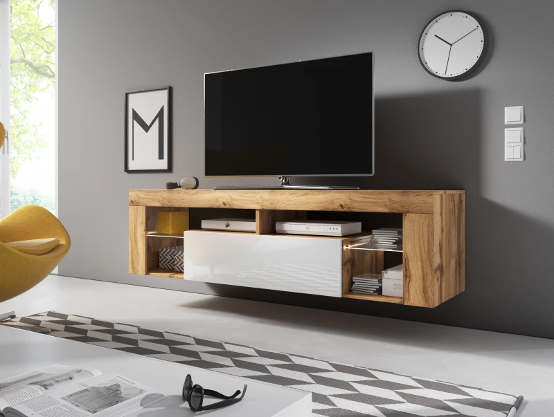 Szafka RTV Everest 140 cm z oświetleniem LED dąb wotan/biały połysk